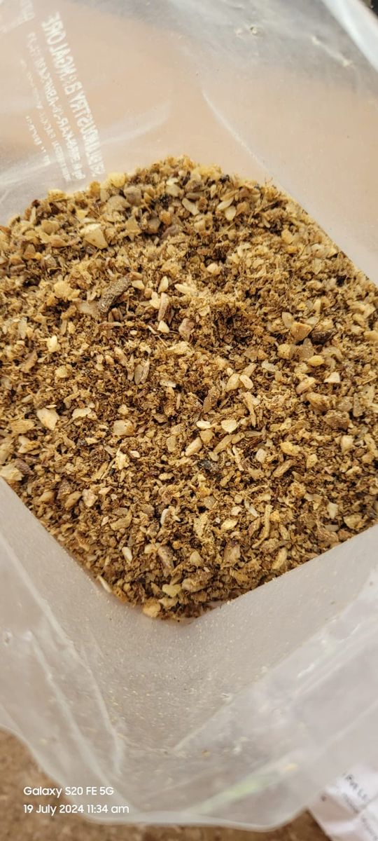 Close-up of irregular bone meal fragments and fine particles
